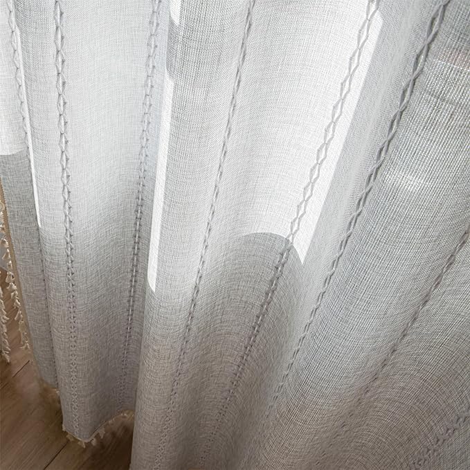 Deeprove Silver Grey Boho Curtains 96 inches Length for Bedroom Living Room, Light Gray Bohemian 96 inches Long Embroideried Cottage Farmhouse Vintage Tassel Window Treatments, W52 x L96, 1 Panel