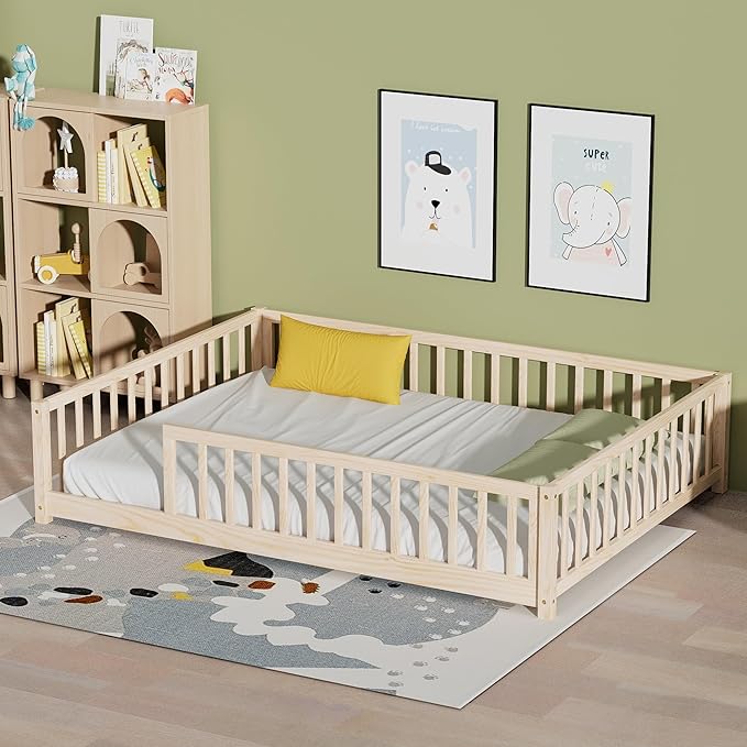 LLS Full Floor Bed for Kids Toddlers, Solid Wood Multifunctional Montessori Bed Frame with Safety Guardrails, Without Door, Easy Assemble, Natural
