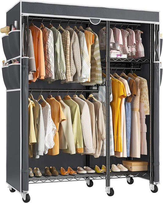 Raybee Clothes Rack with Cover Clothing Racks for Hanging Clothes Heavy Duty Portable Closet with Wheels，Rolling Garment Rack for Bedroom,Black