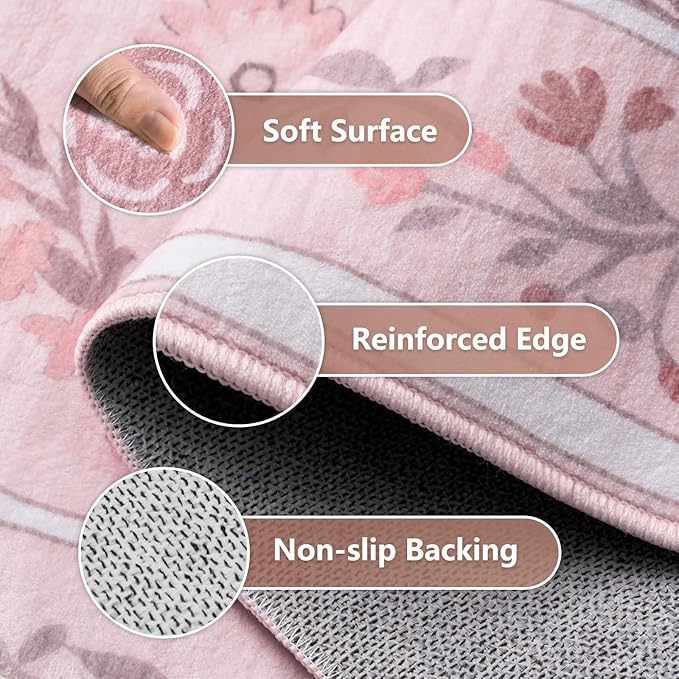 Washable Rug 6x9, Boho Pink Rugs for Bedroom Girls, Cute Pastel Floral Rug for Living Room, Non Slip Low-Pile Nursery Carpet for Kids Room Playroom Dorm, Pink Multi