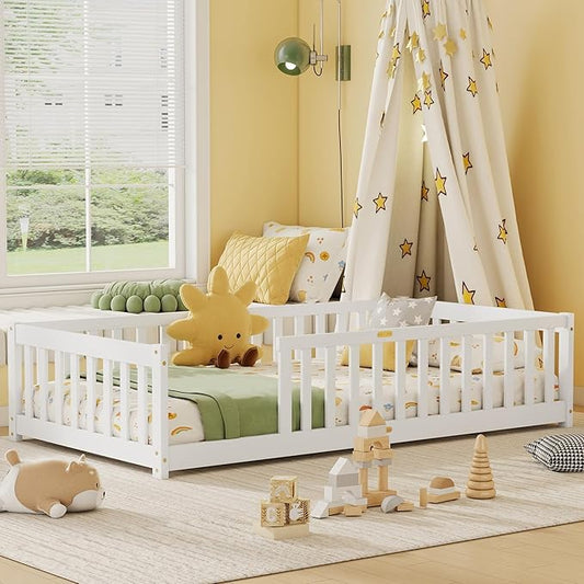 Twin Size Floor Bed for Kids, Wood Montessori Floor Beds with Fence Railings and Slats Support, Twin Playhouse Bed Frame for Boys Girls, No Box Spring Needed, White