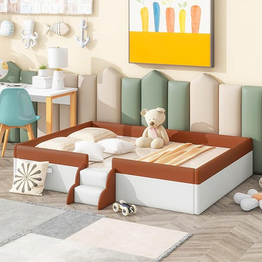 Full Size Upholstered Daybed Frame with Fence and Stairs, Montessori Kids Floor Bed with Sturdy Slat Support for Kids Boys Girls (Brown+Full)