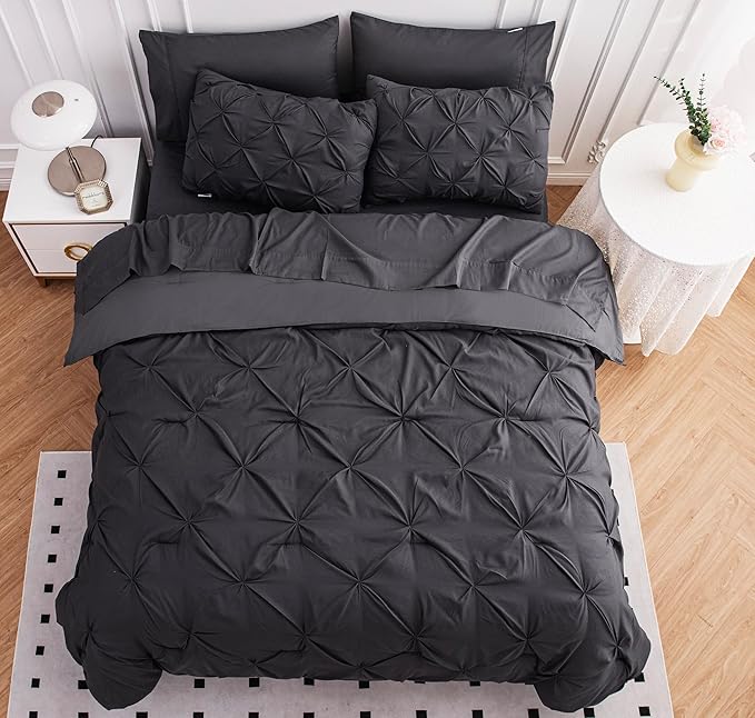 LANE LINEN Twin Comforter Set, 5 Piece Bedding Set, Pintuck Bed in a Bag, Bedding Comforter Set with Sheets, Pillowcase & Sham - Twin XL, Grey