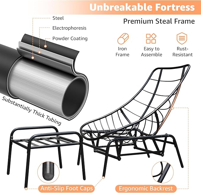 NATURAL EXPRESSIONS Lounge Chair Outdoor with Ottoman, 2-Piece Gentle Rocking Chaise Lounge Set, 4.7" Olefin Cushion & Sturdy Frame, Glider Rocking Chair for Indoor Outdoor Use