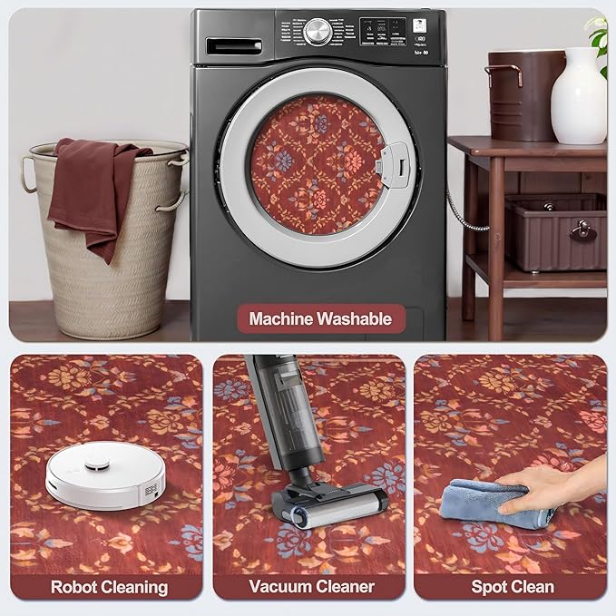 Tangsoo 2x3 Small Washable Entry Rug,Non Slip Moroccan Trellis Red Floral Throw Area Rugs for Entryway,Front Door Mats Indoor Entrance Carpet for Kitchen Office Laundry, Soft Kids & Pets Friendly