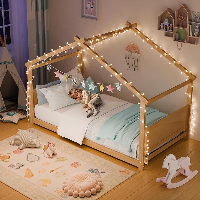 Twin House Bed, Montessori Floor Bed with Headboard & Footboard, Solid Wood Bed Frame for Toddlers Teens Bedroom, No Box Spring Needed, Natural