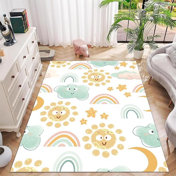 Cute Fluffy Kids Rainbow Rug for Girls Bedroom, Living Room - Colorful Floor Mat, Soft Washable Non-Slip, Smiling Sun White Cloud Patterns, Nursery Decoration 3x5ft