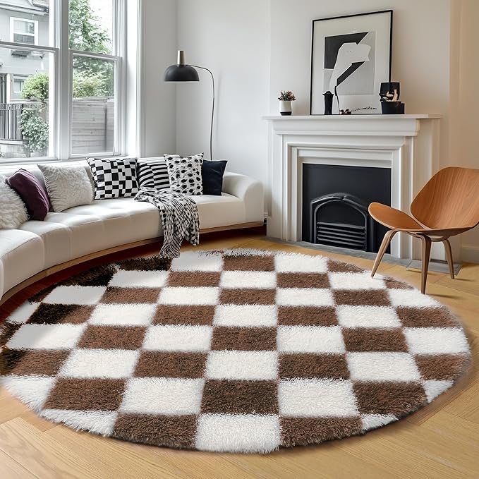 KICMOR Round Rugs 5ft Brown and Cream White Circle Area Rug, Fluffy Soft Fuzzy Shag Shaggy Bedroom Living Room Carpet, Indoor Checkered Circular Rug for Kids Boys Girls Home Decor Aesthetic, Nursery