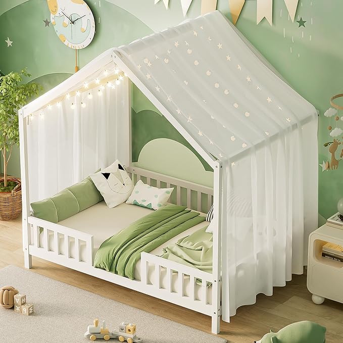 Bellemave Full House BedFrame with Canopy, Montessori Floor Bed, House Bed with Rails for Kids, White