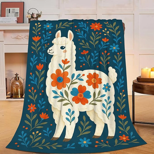 Alpaca Blanket Floral Boho Alpaca Llama Throw Blanket Soft Cozy Fleece Fuzzy Plush Warm Stuff Bedding Nursery Toddler Mexican Blankets Gifts for Boys Girls Kids Adult Men Women 60"X80"