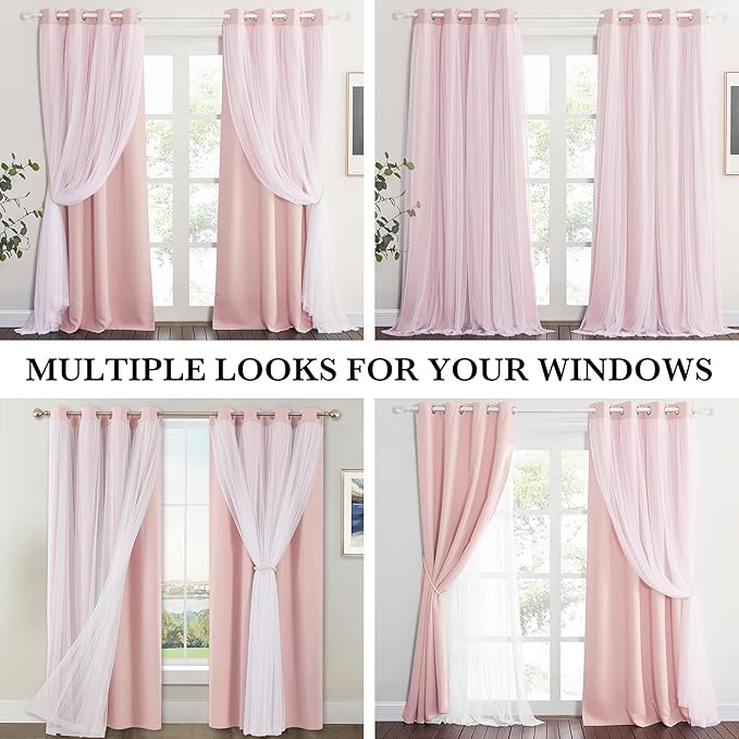 PONY DANCE Pink Blackout Curtains with White Sheer Overlay 63 Inches Length for Girls Bedroom, Double Layered Room Darkening Window Drapes for Nursery Light Blocking(52 Inch Wide, 2 PCs)