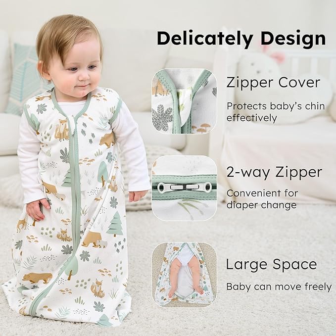 Baby Sleep Sack 6-12 months, 100% Cotton Sleeping Sack for Newborn and Infant, 3 Pack Baby Wearable Blanket, 0.5 Tog Lightweight Double Zipper Sleep Bag Medium Green Forest Bear