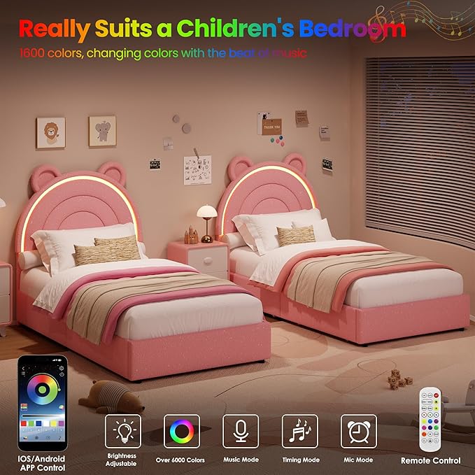 Garvee Princess Twin Size Bed Frame with 2 Storage Drawers & LED Lights, Velvet Upholstered Platform Bed with Rainbow Headboard for Kids/Girls, Solid Wood Slats Support, No Box Spring Needed, Pink