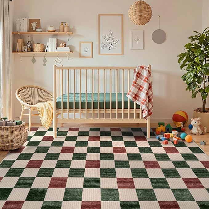 LIVEBOX 8x10 Christmas Area Rugs for Living Room Clearance, Checkered Non-Slip Washable Rugs, Farmhouse Neutral Classic Pattern Boys Area Rug for Bedroom, Carpet for Dining Room(Christmas,8'x10')