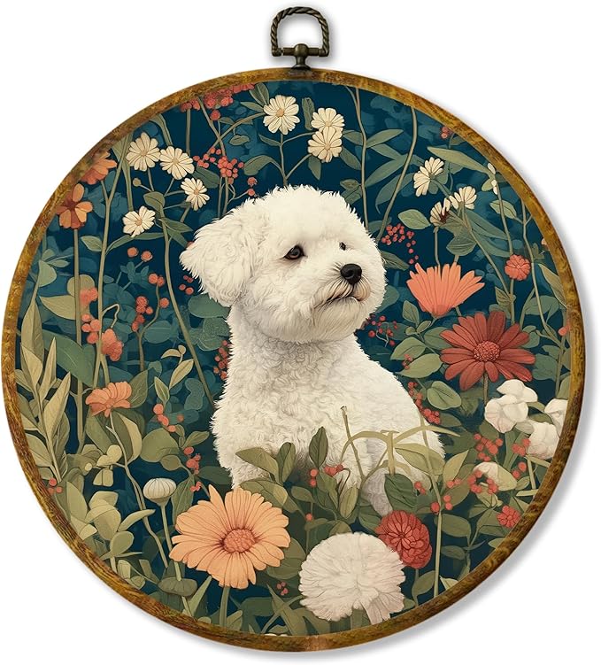 Hiuwevt Vintage Floral Bichon Frise Round Wall Art Decor, Bichon Frise Gifts Framed Canvas Prints, Cottagecore Flower Dog Round Wall Hanging Decor for Home Bedroom Room Decorations, 10x10 Inches