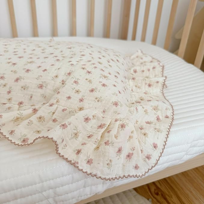 BuLuTu Pink Floral Pillowcases King Bed Pillow Case with Ruffles 20x36 Inch, 1 Pack, Double-Layer Muslin Cotton Pillow Cover, Enveloped Closure, Soft Breathable Durable