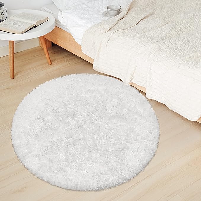 3 ft Small White Round Rug for Bedroom,Tie Dyed Soft Shaggy Circle Rug Fluffy Plush Round Carpet for Kids Girls Boys Room Baby Nursery Living Room Playroom Home Decor