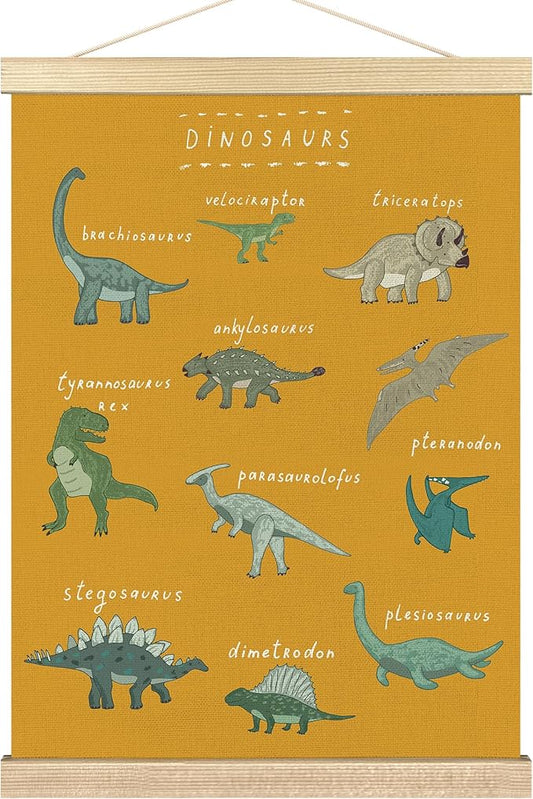 BCUANGD Dinosaur Dino Wall Decor - Yellow Baby Toddler Boys Room Wall Art Poster Hanger with Wood Frames, Inspirational Wall Hanging Canvas Decor for Kids Room Nursery Bedroom, 12x16 Inches