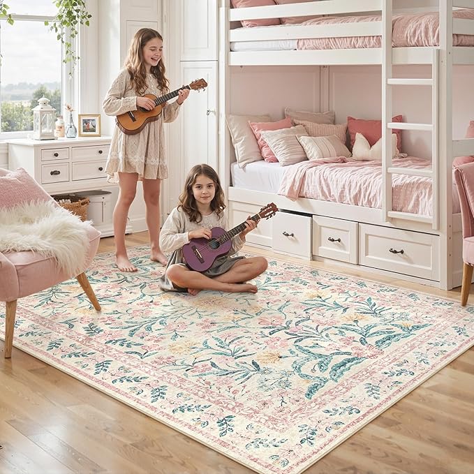 Lahome Pink Washable Rugs for Bedroom Girls 6x9, Boho Floral Living Room Rugs Non-Slip, Soft Low-Pile Nursery Carpet for Dining Room Kids Dorm Decor, Blush