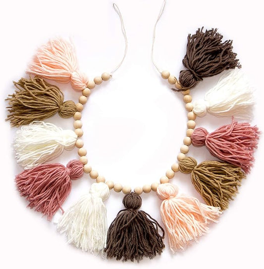 Decocove Tassel Garland - Boho Tassel Garland with Wood Beads - Wall Decor for Dorm, Girls Room and Nursery Room (36 inch) - Blush and Terra Cotta