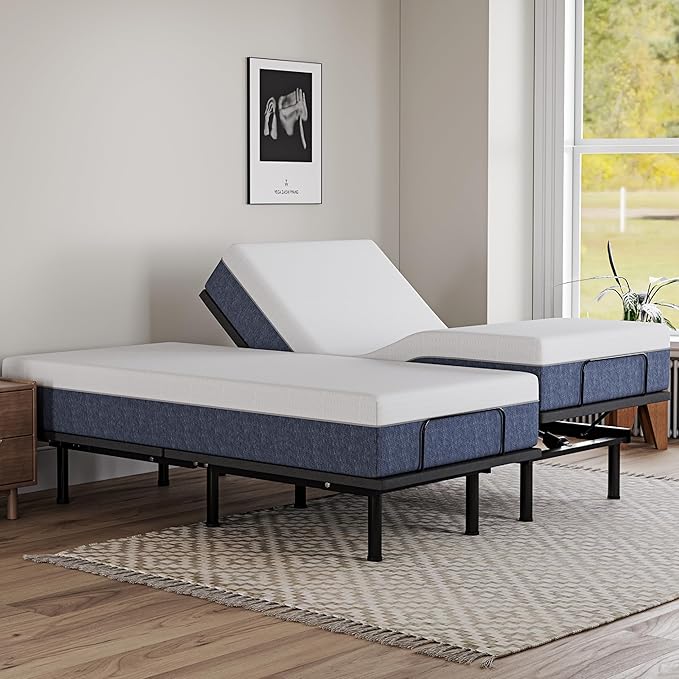 EGOHOME Adjustable Bed Base Frame Split King and 14 inch Charcoal Gel Memory Foam Mattress, Independent Head and Foot Incline Wireless Remote Electric Foldable Metal Bed Base,Zero Gravity