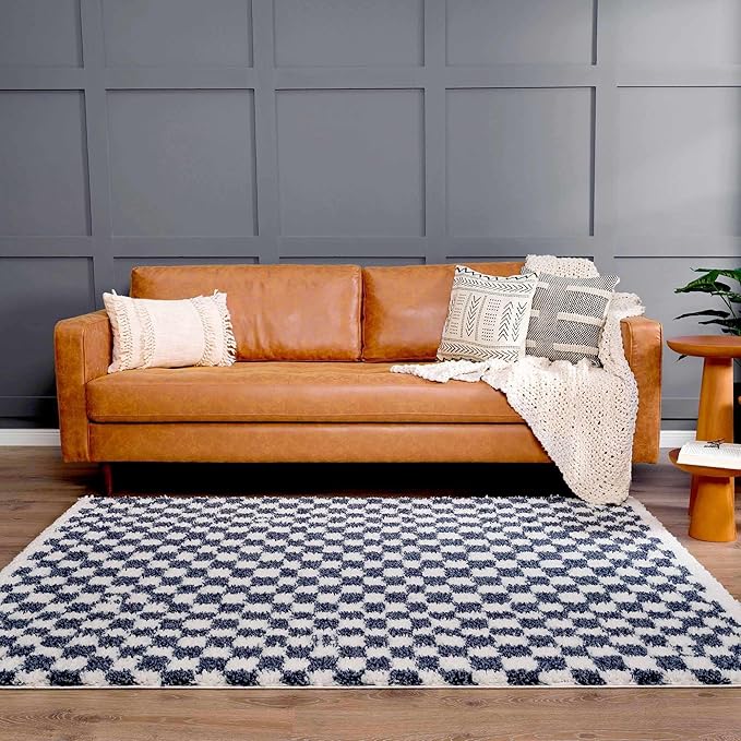 Hauteloom Kieu Contemporary Checkered Fluffy Shag Area Rug - Modern Geometric Soft Carpet Tiles for Living Room, Kids Room, Nursery - White, Blue - 8'10" x 12'