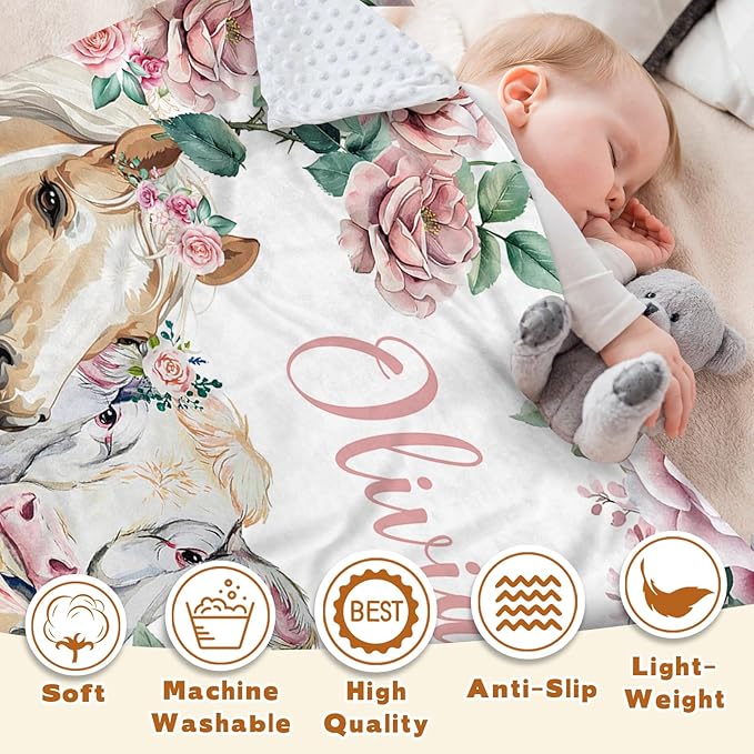 Personalized Baby Blankets for Boys Girls, Custom Baby Blanket with Name, Farm Animals Blanket Personalized, Receiving Swaddle Blanket Suitable for Infants & Toddler, (60" x80)