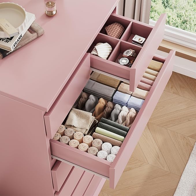 Pink Tall 7 Drawer Dresser for Bedroom, Modern Wood Closet Dressers & Chests of Drawers with Jewelry Storage, 23.6" L*15.8" W*47.5" H in Large Vertical Dresser for Bedroom, Living Room, Nursery