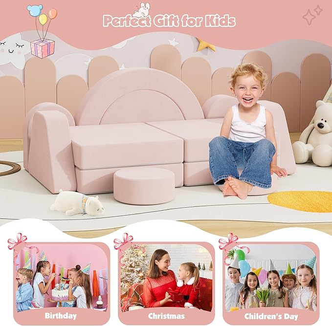 12 PCS Modular Kids Play Block Couch Child Sectional Soft Sofa Toddler Building Fortplay Climbing Bedroom Playroom Baby Convertible Floor Foam Cushion for Boys & Girls (Pink-Double-1)