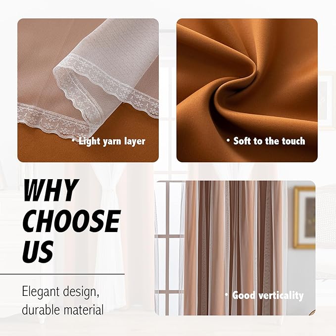 Anytime Home Curtains Blackout and Sheer Layered Solid Window Curtain Panel Pair with Grommet Top, 52Wx72L,Orange
