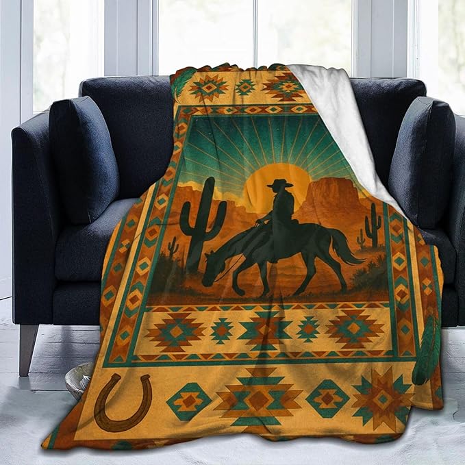Western Cowboy Blanket Southwest Cowboy Horse Tropical Cactus Mexican Throw Blanket Soft Cozy Fleece Fuzzy Plush Warm Stuff Bedding Blankets Gifts for Boys Girls Kids Adult Men Women 60"X80"