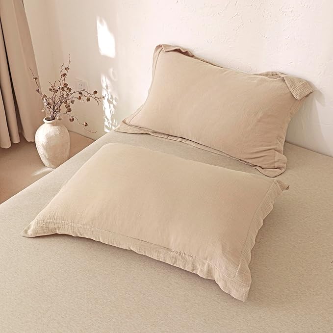 MorroMorn Muslin Duvet Cover Queen Size, 100% Breathable Cotton Comforter Cover Sets, Ultra Soft 2-Layer Gauze Duvet Cover Set 3 PCS with 2 Pillowcases, Lightweight Linen Like, 90"x90", Linen Beige
