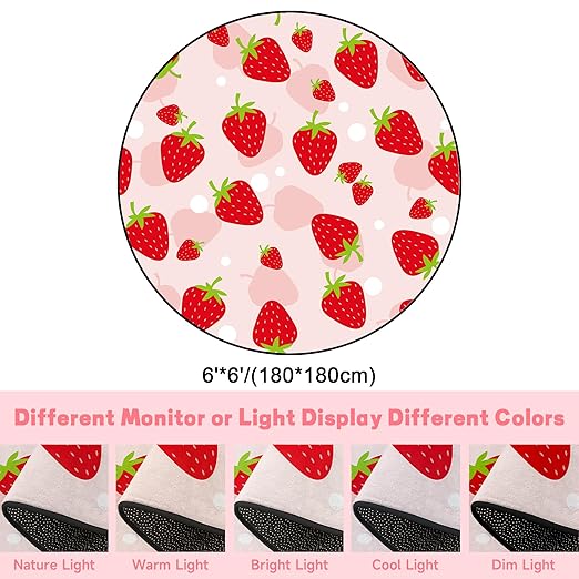 6Ft Strawberry Round Rug Kwaii Pink Circle Rugs for Bedroom Dorm Living Room Cute Area Rug Floor Mat Pad Doormat Carpet, 6'X6'(180x180cm)