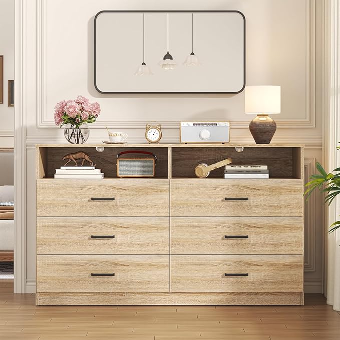 Bigbiglife 6 Drawers Dresser for Bedroom Wooden Drawer with Open Storage Cubby, Double Wide Dresser Organizer for Bedroom, Living Room, Entryway, Hallway (Light Oak)