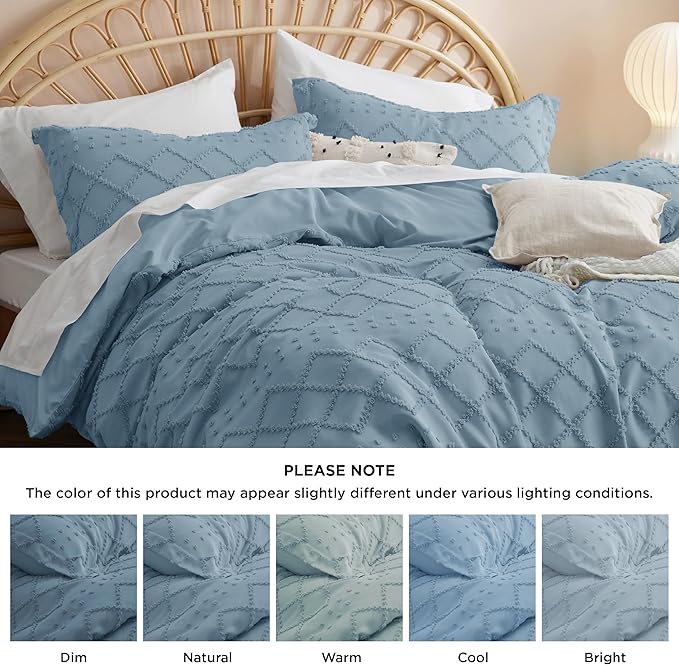 Bedsure Boho Duvet Cover King Size, Mineral Blue Breathable & Soft Boho Bedding, Machine Washable Comforter Cover for All Seasons, Includes 1 Duvet Cover 104"x90" with 2 Pillow Shams & Zipper Closure