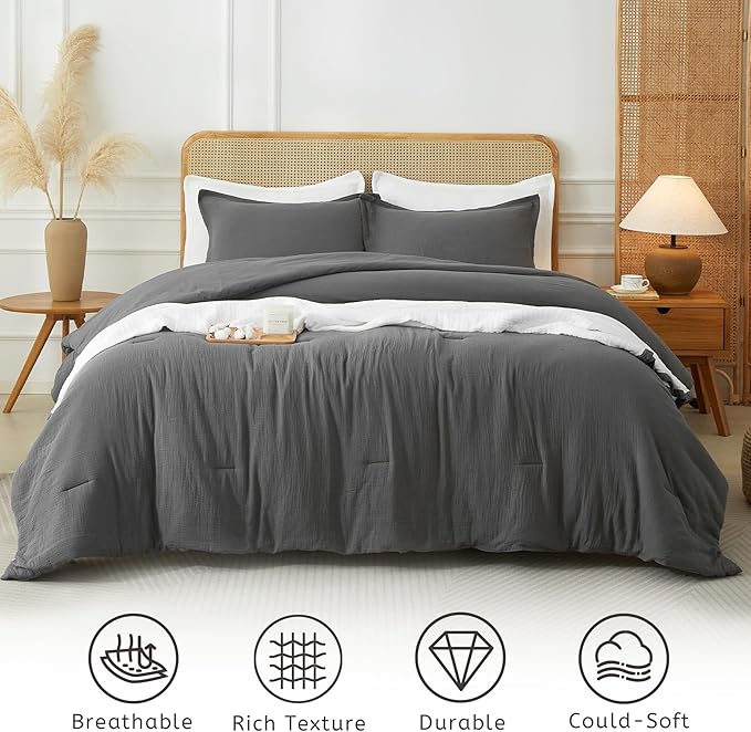 Muslin Comforter Set Queen Size, Cotton Cover & Polyester Filling, Breathable & Linen Like & Suitable for All-Season Use,3 Pieces(1 Comforter 90"x90", 2 Pillow Shams 20"x26"), Rock Grey
