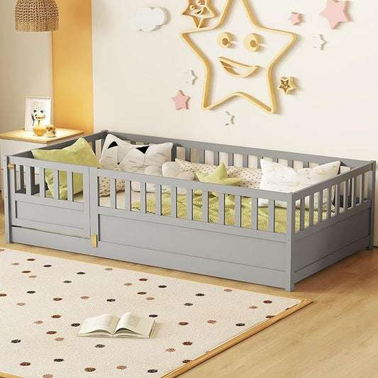 Twin Size Floor Bed with High Fence, Door and Slats, Twin Floor Bed with Slats(Gray Twin)