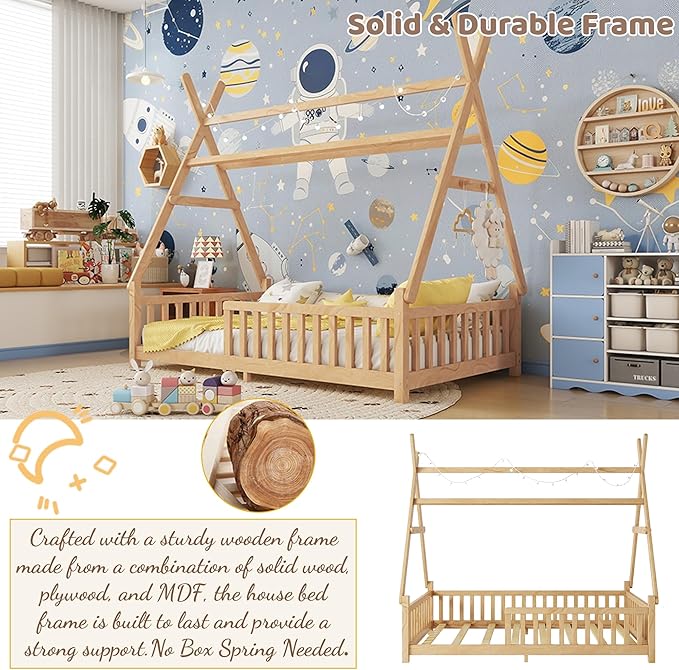 Twin House Bed with Light,Wood Twin Montessori FloorBed with Rails & Roof,Teepee Bed for Kids Boys Girls,with Slats Support,No Box Spring Needed, Natural