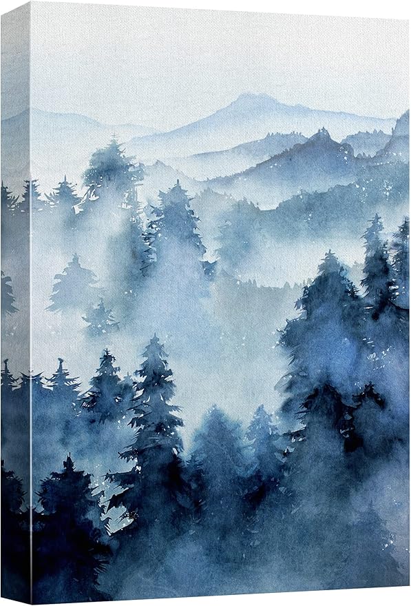 SIGNWIN Canvas Print Wall Art Woodland Nursery Decor Blue Winter Mist Pastel Mountain Forest Nature Illustrations Modern Art Decorative Landscape Colorful for Living Room, Bedroom, Office - 12"x18"