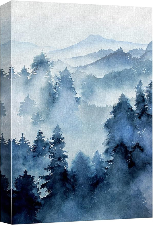 SIGNWIN Canvas Print Wall Art Woodland Nursery Decor Blue Winter Mist Pastel Mountain Forest Nature Illustrations Modern Art Decorative Landscape Colorful for Living Room, Bedroom, Office - 12"x18"