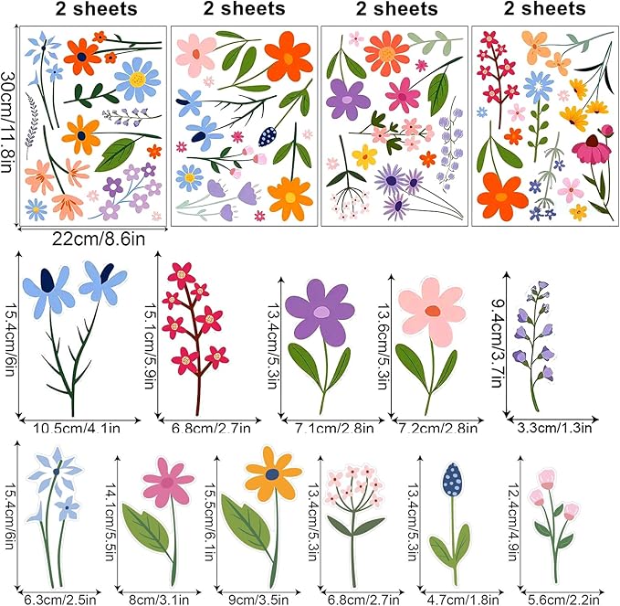 102Pcs Flower Wall Decals Peel and Stick, DIY Spring Themed Floral Wall Stickers, Removable Wildflower Spring Art for Girls Bedroom, Kids Room, Nursery, Living Room, Bathroom, Kitchen Home Wall Decor