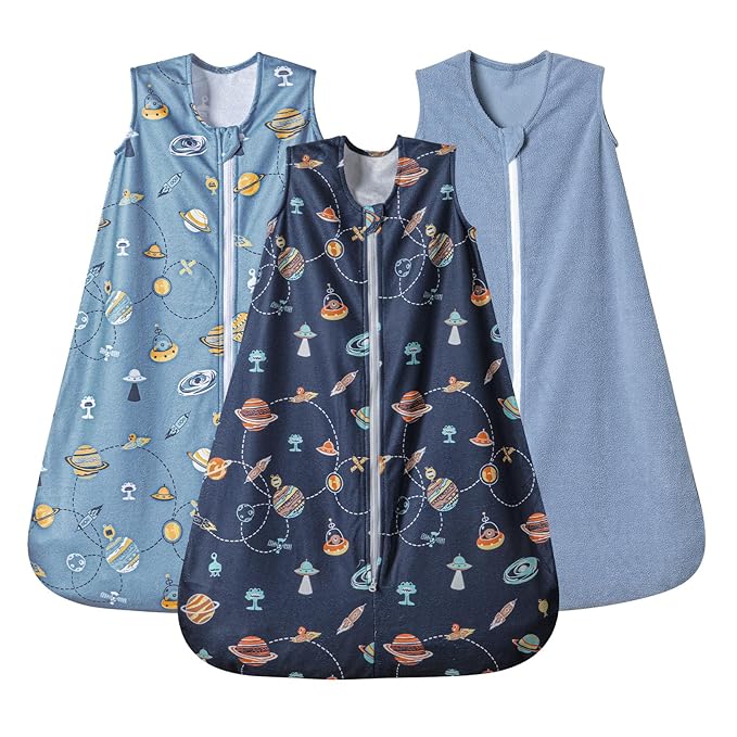 PHF 3 Pack Warm Micro-Fleece Baby Sleep Sack 6-12 Months, Soft Baby Wearable Blanket, 2-Way Zipper Sleeping Bags, Comfy Toddler Sleeping Sack for Boys, Medium Size, Space