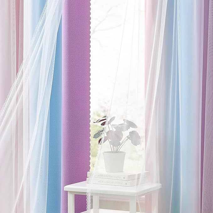 XiDi 100% Blackout Curtains with Sheer Overlay 84 Inches Long 2 Panels for Girls Bedroom Living Room Rainbow Pink Purple Blue Double Layer Curtains for Kids Nursery Unicorn Princess Grommet W52 x L84