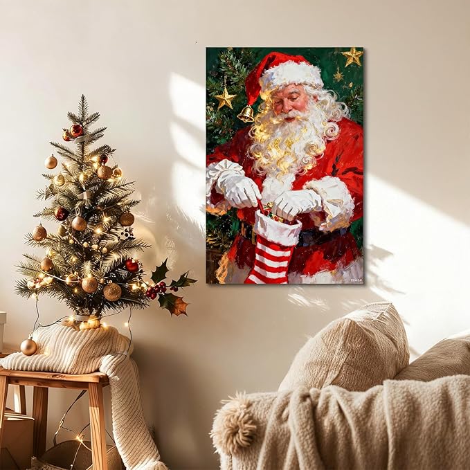 YONICA Christmas Canvas Wall Art Stocking Santa 12x18 Inch Oil Painting Filling Christmas Sock - Large Framed Gallery Wrapped Family Tradition