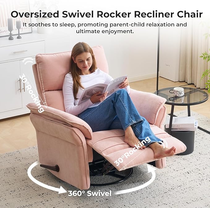 Oversized Recliner Chair, 26" Extra Wide 360° Swivel Rocker Recliner with Adjustable Headrest, Chenille Glider Rocking Nursery Chair with Overstuffed Armrest, Lumbar Support, Pink