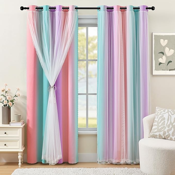XiDi 100% Blackout Curtains for Girls Bedroom 63 Inches Long 2 Panels Colorful Rainbow Nursery Kids Curtains with Sheer Overlay Unicorn Wall Decor Princess Grommet Drapes Pink Purple Green 52W x 63L