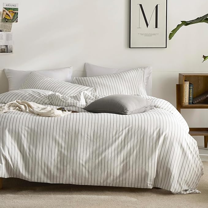 JELLYMONI Striped Duvet Cover Set - Queen Size 100% Cotton - 3PCS White & Grey Vertical Stripes Bedding - Hidden Zipper Closure & 8 Corner Ties - Breathable Comforter Cover for Bedroom