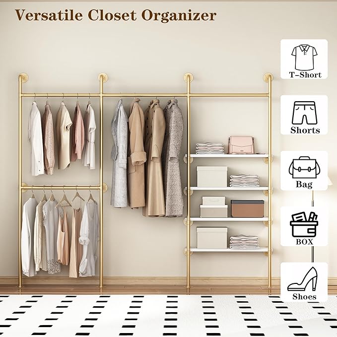 Industrial Pipe Clothes Rack, Gold Clothing Rack with Shelves, Wall Mounted Clothes Rack Heavy Duty Closet Organizers Wardrobe Multi-Purpose Storage Clothes Hanging Shelf - 94.5''L Gold