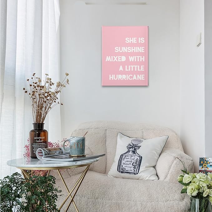PHAMTE Girls Bedroom Wall Decor,She Is Sunshine Mixed With a Little Hurricane Girls Room Wall Art,Sunshine Print Framed Canvas Painting Artwork Girl Room Bedroom Home Nursery Playroom(11x14 Inch)（Pink）