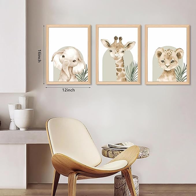 Framed Cute Animal Wall Art Nursery Decor Set of 3, Watercolor Elephant Giraffe Lion Canvas, Whimsical Wildlife Pictures Print, Nursery Wall Decor for Kids’ Bedroom Daycare – 16x12 inch